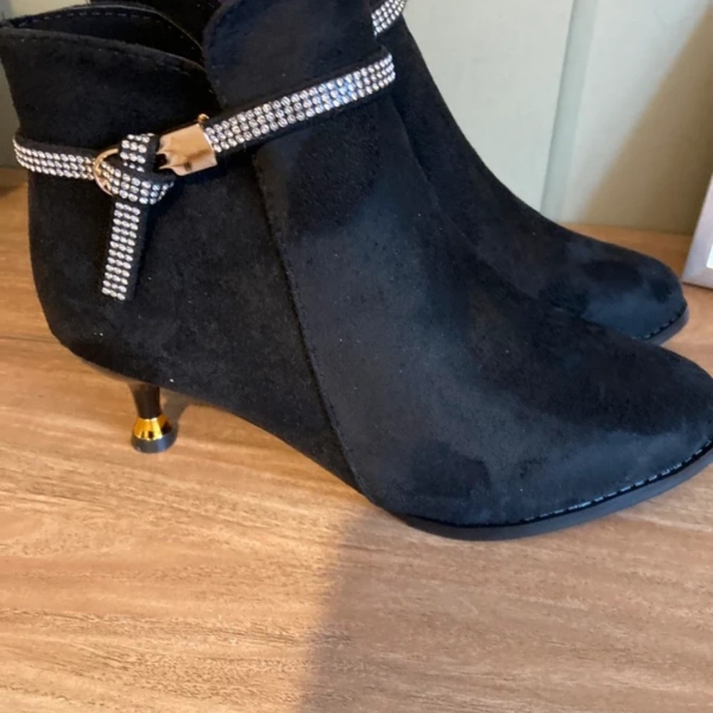 Black Suede Ankle Booties with Embellished Strap Detail